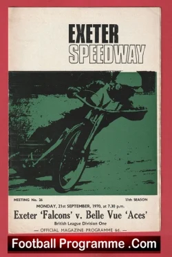 Program cover for Exeter Speedway featuring a motorcyclist in green-tinted image; includes 'EXETER SPEEDWAY', meeting no. 36, Sept. 21, 1970, and 'Football Programme.com'.