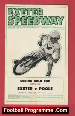 Vintage Exeter Speedway Spring Gold Cup programme cover showing a motorcycle rider in mid‑turn with event details Exeter vs Poole on a green and white design.