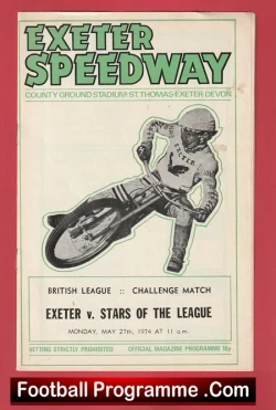 Front cover of an Exeter Speedway football programme, featuring a line drawing of a motorcycle racer, with the title Exeter Speedway and details of an Exeter v. Stars of the League match.