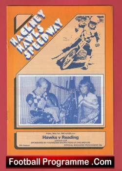 Vintage football programme cover with an orange border, 'Hackney Wick Speedway' title, two blue-tinted photos of players, and 'Football Programme .Com' at the bottom.