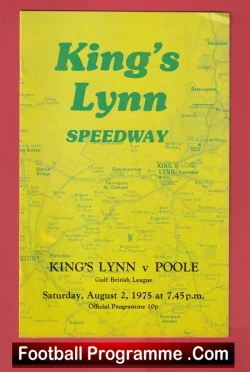 Front cover of a 1975 King's Lynn Speedway football programme: bright yellow with green text, featuring 'King's Lynn Speedway', match 'King's Lynn v Poole' and date 'Saturday, August 2, 1975, 7:45 p.m.'