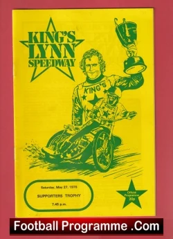 Vintage poster for King's Lynn Speedway featuring a speedway rider on a bike raising a trophy, yellow-green design with 'Football Programme .Com' footer.
