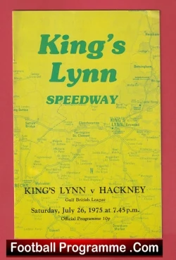 Bright yellow poster for King's Lynn Speedway with green text and a map background; black bar at bottom reads 'Football Programme .Com'.
