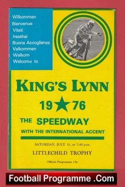 Vintage King’s Lynn Speedway football programme cover (1976) with a bright yellow and green design, blue welcome panel in multiple languages, bold title 'King’s Lynn 1976 The Speedway', and bottom text 'Football Programme.com'