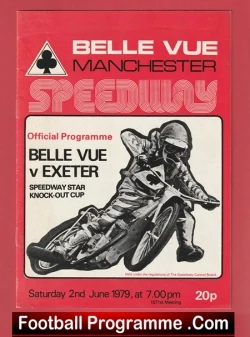 Official speedway programme cover for Belle Vue Manchester vs Exeter, 2 June 1979; features rider illustration and price 20p.