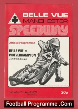 Red Belle Vue Manchester Speedway official programme cover showing a vintage motorcycle rider, with date Saturday 7th April 1979 and price 20p.