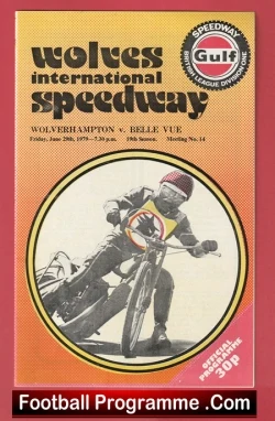 Vintage speedway program cover titled 'Wolves International Speedway' with a rider photo inside a circle and a Gulf logo on an orange background.
