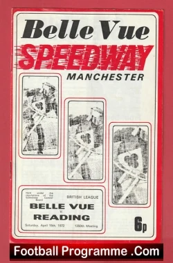 Cover of Belle Vue Speedway Manchester programme with four vertical rider action photos, price 6p, and 'Football Programme .Com' footer.