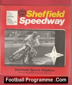 Red Sheffield Speedway programme cover with a black-and-white action shot of a speedway rider on a bike and 'Football Programme .Com' at the bottom.