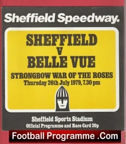 Vintage football programme cover for Sheffield vs Belle Vue, 26 July 1979, 7:30 pm, at Sheffield Sports Stadium; official programme and race card 20p.