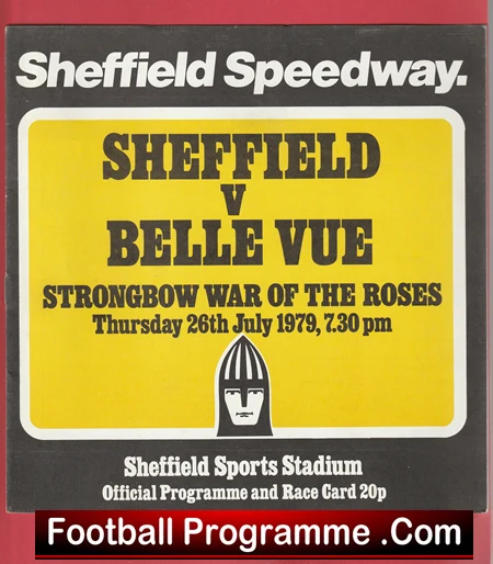 Vintage Sheffield Speedway poster: Sheffield vs Belle Vue at Sheffield Sports Stadium, July 26, 1979, 7:30 pm; official programme and race card.