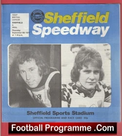 Cover of a Sheffield Speedway programme: blue poster with the yellow 'Sheffield Speedway' title, two black-and-white rider portraits, and a red bottom banner reading 'Football Programme.Com'.