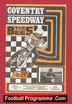 Coventry Speedway Bees program cover with a rider illustration, black-and-white checkerboard backdrop and orange geometric frames.