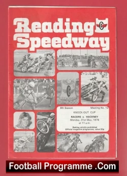 Red 'Reading Speedway' programme cover featuring a collage of speedway action photos and a 'Football Programme .Com' banner.