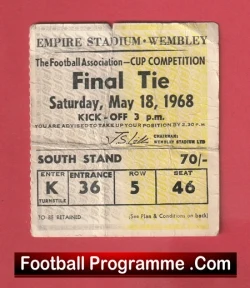 Football programme cover for Wembley Final Tie, May 18, 1968, at Empire Stadium; South Stand entrance K36, row 5, seat 46 (Kick-off info shown).