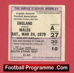 Vintage football programme cover: England vs Wales, Wembley, March 24, 1979, Empire Stadium front page.