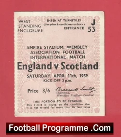Vintage England–Scotland football programme cover from April 11, 1959 at Empire Stadium, Wembley, priced 3/6.