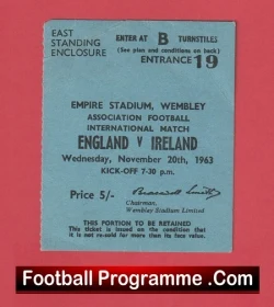 Blue Wembley ticket stub for England vs Ireland at Empire Stadium, Wembley, on Wed, 20 November 1963; kick-off 7:30 pm, price 5/– (with 'Football Programme' watermark).
