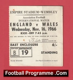 Vintage football programme for England vs Wales at Empire Stadium, Wembley, 16 November 1966.