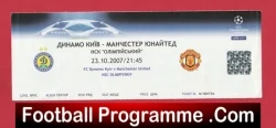 Football programme cover for Dynamo Kyiv vs Manchester United, 23.10.2007, showing team logos, UEFA branding, and a QR code.