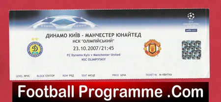 Poster for a Dinamo Kyiv vs Manchester United match programme, with team crests and a red Football Programme .Com banner at the bottom.