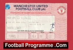 Close-up of a pink Manchester United football programme ticket stub with sponsor text and handwritten details.