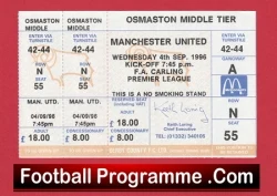 Football match programme page featuring Manchester United, seating section Osmaston Middle Tier, ticket prices £18 and £8, with a FootballProgramme.com footer.