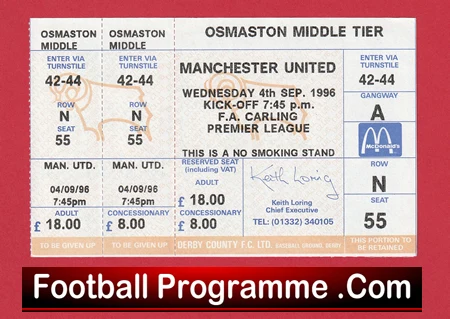 Ticket stub for a Manchester United vs. F.A. Carling Premier League match (1996), showing date, kickoff time, seating row N seat 55, and price £8.