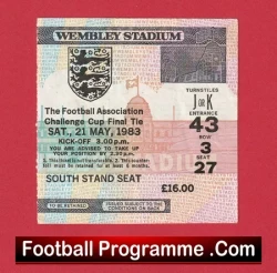 Wembley Stadium football programme ticket stub with South Stand seat, price £16, and event details, overlaid on a red background with a 'Football Programme .Com' banner at the bottom.