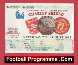 Front cover of a 1993 FA Charity Shield football programme with ticket stubs and a black banner reading FootballProgramme.com.