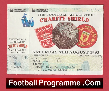 Front of a 1993 Charity Shield football programme showing FA shield logos, with Arsenal and Manchester United crests on a torn white page against a red background.