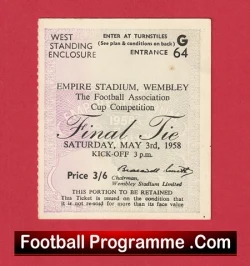 Vintage Wembley FA Cup Final ticket (1958) for Saturday May 3, price 3/6, with 'Final' and 'Empire Stadium, Wembley' text.