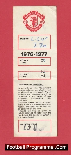 Vintage football programme ticket on a red background; 1976–77 season, Manchester United crest, L‑Cup match, coach 69, ticket 27, terms of booking, with a FootballProgramme.com footer.