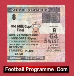 Wembley Stadium Milk Cup Final 1984 ticket stub on a red background, with match details, kickoff time, and price.