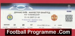 Ticket‑style football banner advertising Dynamo Kyiv vs Manchester United, with crests and a red footer reading 'FootballProgramme.com'