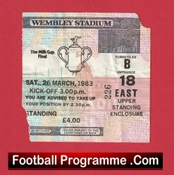 Wembley Stadium Milk Cup Final programme cover dated March 26, 1983 with match details and price, shown on a pink background.