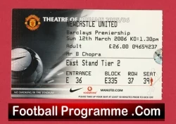 Ticket stub for a Manchester United home game at Old Trafford (Theatre of Dreams), showing date, entrance, block, row and seat details, with a red 'FootballProgramme.com' banner at the bottom.