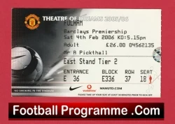 Football match ticket stub with seating details and a FootballProgramme.com banner at the bottom of the image.