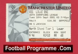 Ticket stub for Manchester United vs Lille OSC Champions League with date, time, seat block, and price details.