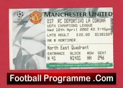 Ticket stub for a Manchester United match against RC Deportivo La Coruna in the UEFA Champions League; shows seating details (North East Quadrant) and 'Football Programme.com' at the bottom.