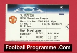 UEFA Champions League match ticket showing Manchester United vs Benfica with seating details and a red Football Programme .Com banner.