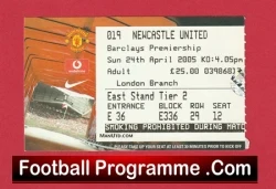 Close-up of a football programme and ticket stub on a red background, with the 'FootballProgramme.Com' logo at the bottom. The ticket shows 'Newcastle United' and match details.