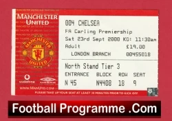 Football match ticket for Manchester United vs Chelsea, Premier League, Saturday 23 Sept, 11:30am, London Branch, North Stand Tier 3, Seat N45, £14.00 (Programme banner at bottom).