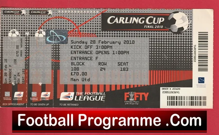 Carling Cup Final 2010 ticket with seating details and sponsor logos, set on a red background featuring a bold 'FootballProgramme.Com' banner at the bottom.