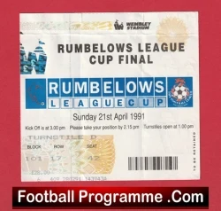 Ticket stub for the Rumbelows League Cup Final, featuring a blue logo and a red border, with 'Football Programme' at the bottom.
