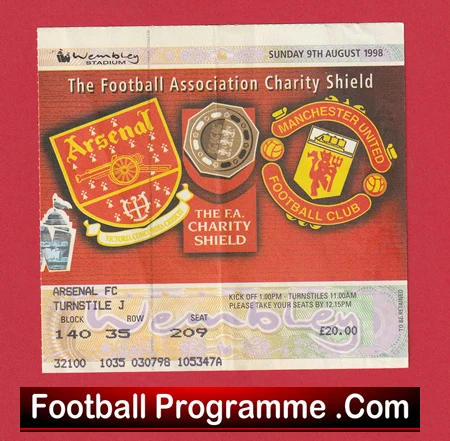 Front cover of The FA Charity Shield programme for Arsenal vs Manchester United, 9 August 1998, showing team crests, a ticket stub, and 'Football Programme.Com' caption.