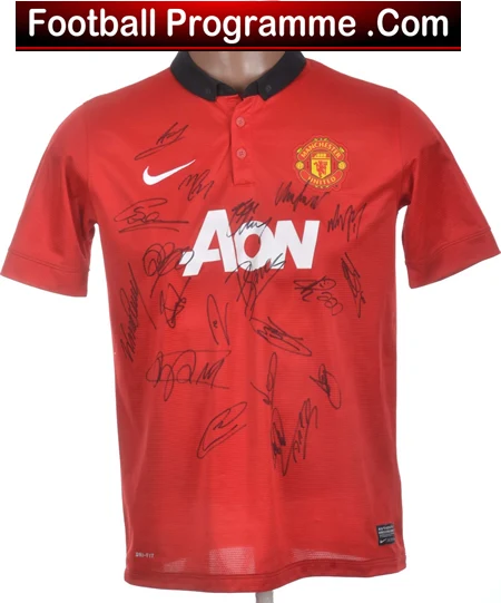Red Manchester United jersey with autographs and AON logo, football memorabilia collectible image from FootballProgramme.com