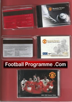 Collection of football season tickets and a programme displayed on a red surface, including Season Ticket cards and a 'Football Programme .Com' banner image on the middle row.