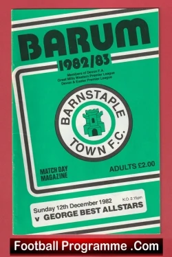 Green Barum 1982/83 football programme cover for Barnstaple Town FC, badge in the center, includes 'Match Day Magazine', adults £2.00, dated 12 December 1982 vs St George Best Allstars.
