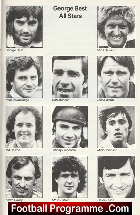 Grid of 12 black‑and‑white headshot portraits under the heading 'George Best All Stars' in a football programme; captions with each player's name appear under their photo (George Best, Chris Garland, Pete Barraclough, Bob Moncur, David Webb, Ian Calvert, Johnny Francombe, Mick Robinson, Steve Davey, Steve Foster, Bruce Rioch).